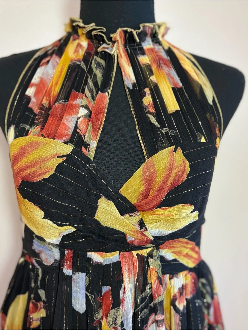 Anna Sui for Anthropologie Nagia Iris Silk Halter Dress Size 4 Floral Metallic